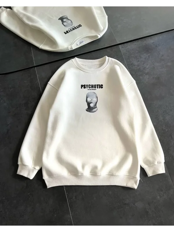 Lushiowear Kadın 3 iplik Kışlık Bisiklet Yaka Baskılı SweatShirt - Beyaz