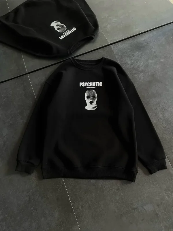 Lushiowear Kadın 3 iplik Kışlık Bisiklet Yaka Baskılı SweatShirt - Siyah