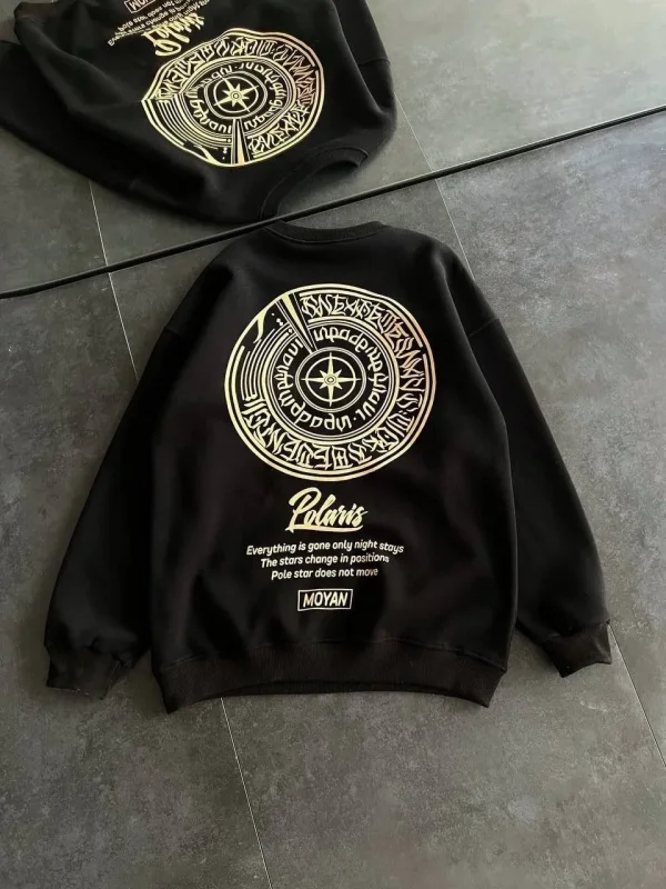 Lushiowear Kadın 3 iplik Pamuklu Bisiklet Yaka Baskılı SweatShirt - Siyah