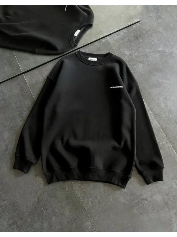 Lushiowear Kadın 3 iplik Kışlık pamuklu Bisiklet Yaka Oversize Baskılı SweatShirt - Siyah