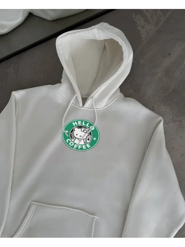 Lushiowear Kadın Oversize Kapüşonlu Kanguru Cepli Baskılı 3 İplik Pamuklu Sweatshirt Hoodie -   Beyaz