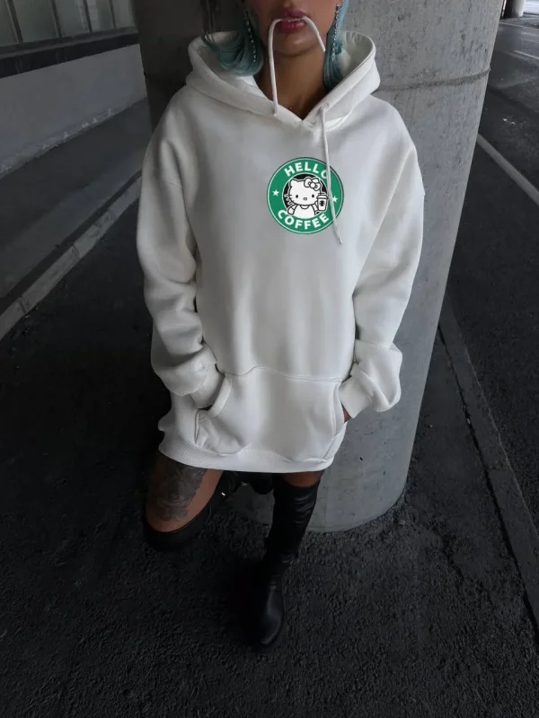 Lushiowear Kadın Oversize Kapüşonlu Kanguru Cepli Baskılı 3 İplik Pamuklu Sweatshirt Hoodie -   Beyaz