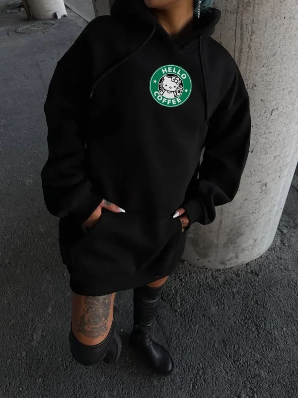 Lushiowear Kadın Oversize Kapüşonlu Kanguru Cepli Baskılı 3 İplik Pamuklu Sweatshirt Hoodie -   Siyah