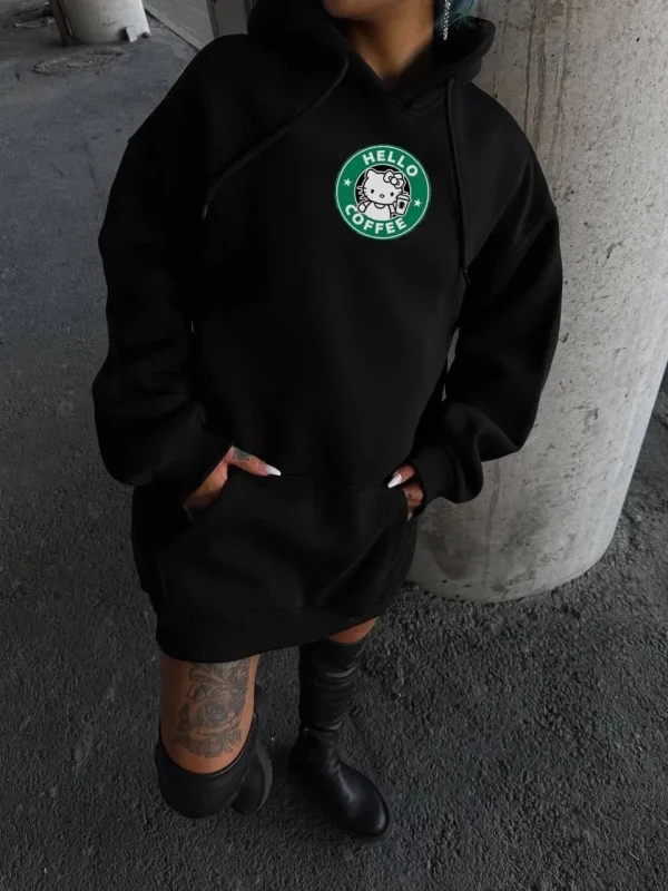 Lushiowear Kadın Oversize Kapüşonlu Kanguru Cepli Baskılı 3 İplik Pamuklu Sweatshirt Hoodie -   Siyah