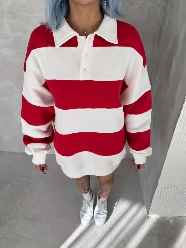 Lushiowear Kadın 3 İplik Pamuklu Parçalı Yakalı SweatShirt - Kırmızı