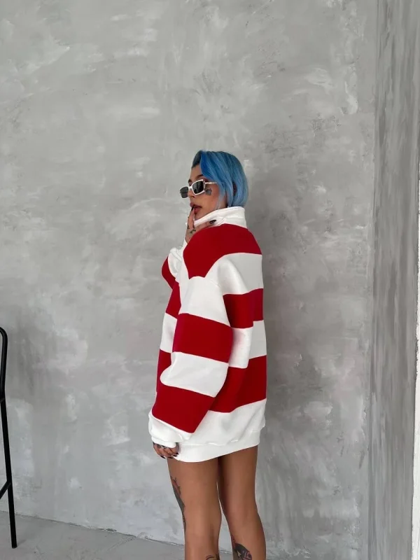 Lushiowear Kadın 3 İplik Pamuklu Parçalı Yakalı SweatShirt - Kırmızı