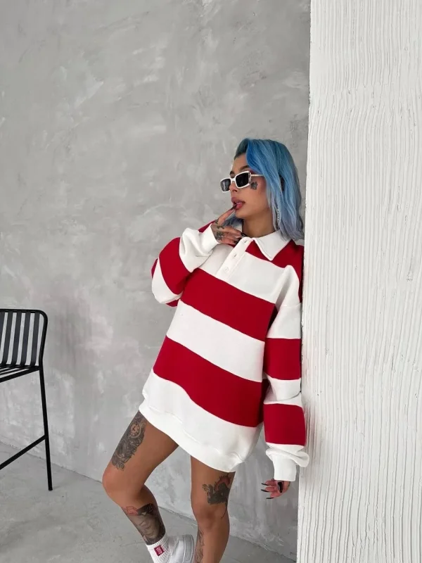 Lushiowear Kadın 3 İplik Pamuklu Parçalı Yakalı SweatShirt - Kırmızı