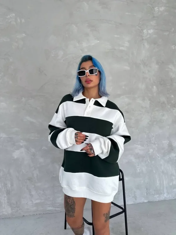Lushiowear Kadın 3 iplik Pamuklu Parçalı Yakalı SweatShirt - Yeşil