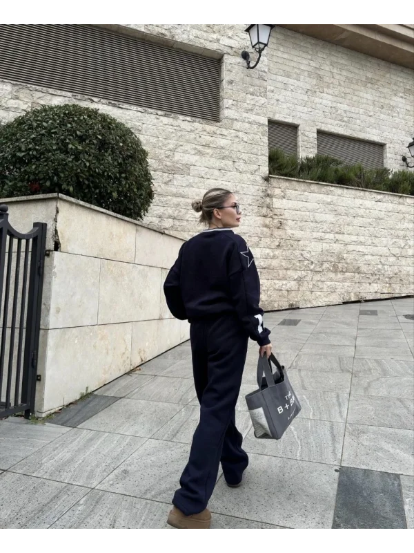 Lushiowear Kadın V Yaka 3 İplik Pamuklu Baskılı Eşofman ikili Takım - Siyah