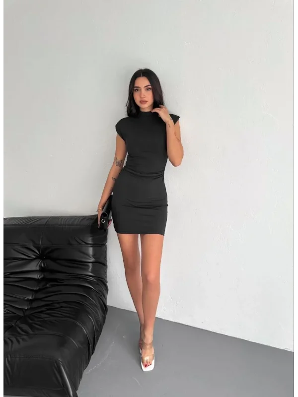 Lushiowear Kadın Yarım Bogazlı Kolsuz Mini Boy Elbise - Siyah