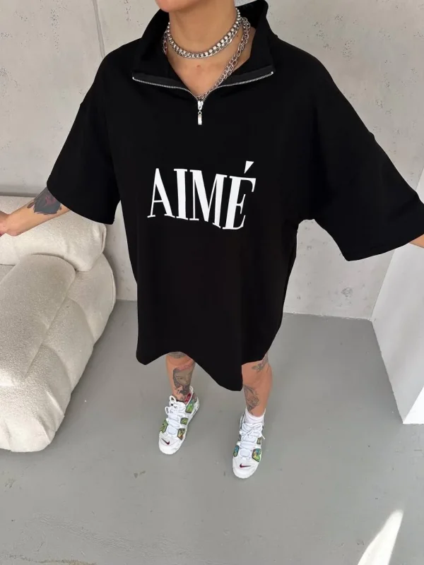 Lushiowear Kadın Yarım Fermuarlı Tişört Baskılı T-Shirt - Siyah