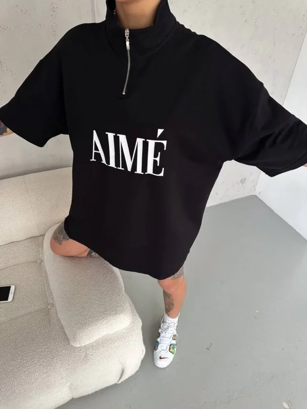 Lushiowear Kadın Yarım Fermuarlı Tişört Baskılı T-Shirt - Siyah