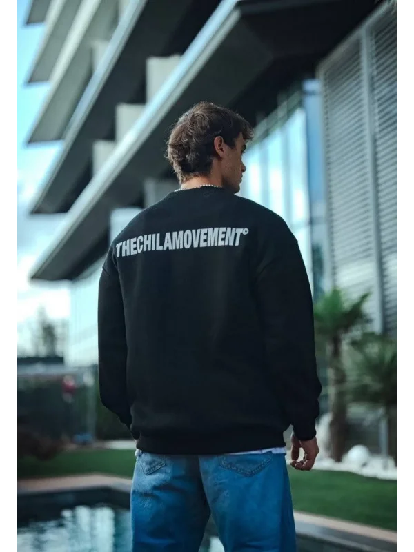 Lushiowear Erkek 3 iplik Pamuklu Bisiklet Yaka Oversize Baskılı SweatShirt - Siyah