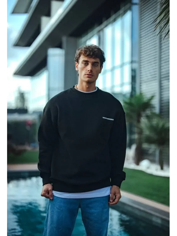 Lushiowear Erkek 3 iplik Pamuklu Bisiklet Yaka Oversize Baskılı SweatShirt - Siyah
