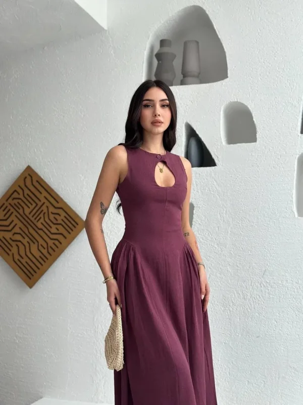 Lushiowear Kolsuz Uzun Kabardin Elbise - Bordo