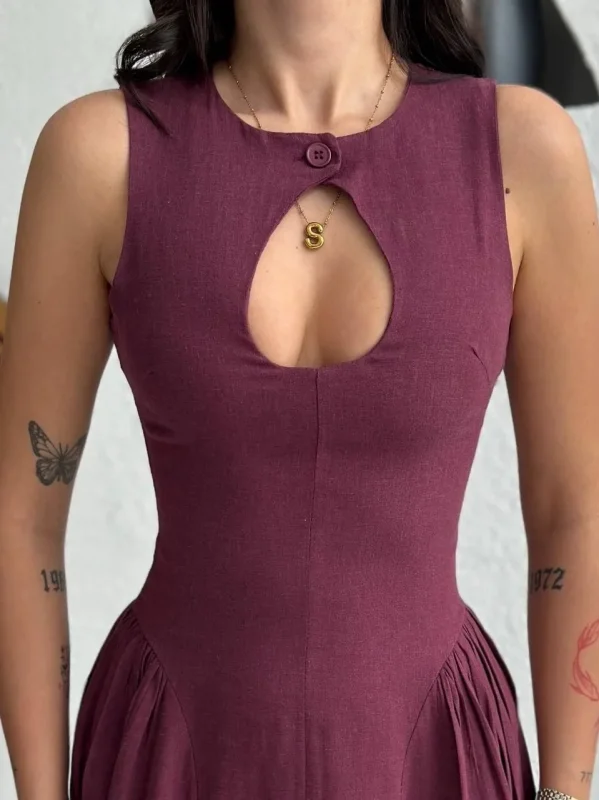 Lushiowear Kolsuz Uzun Kabardin Elbise - Bordo