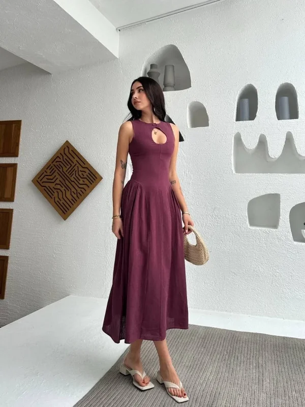 Lushiowear Kolsuz Uzun Kabardin Elbise - Bordo