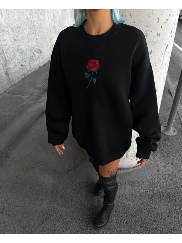 Lushiowear Kadın Oversize Kapüşonlu Cepli GÜL Baskılı 3 İplik Pamuklu Hoodie Sweatshirt - Siyah