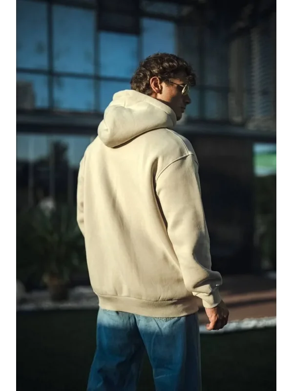Lushiowear Kadın 3 İplik Pamuklu Kapüşonlu Kanguru Cepli Oversize Hoodie Sweatshirt - Bej
