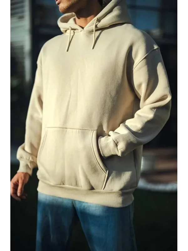 Lushiowear Kadın 3 İplik Pamuklu Kapüşonlu Kanguru Cepli Oversize Hoodie Sweatshirt - Bej