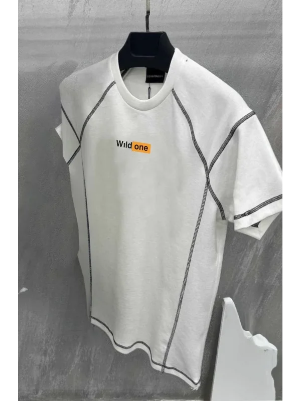 Lushiowear Erkek Tişört Karoyaka Dikişli Oversize T-Shirt - Beyaz