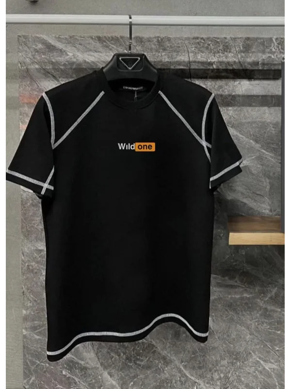 Lushiowear Erkek Tişört Karoyaka Dikişli Oversize T-Shirt - Siyah