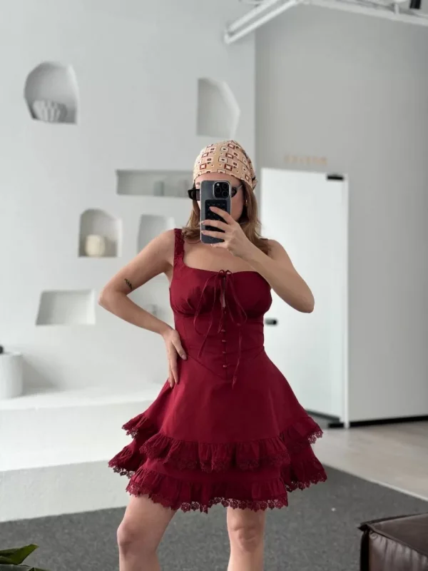 Mini Askılı Elbise - Bordo