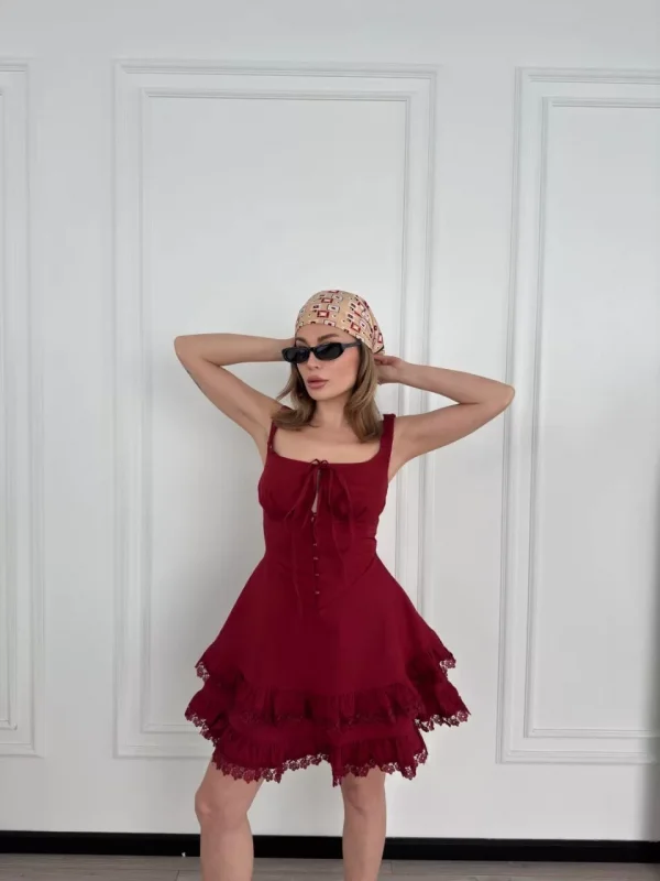 Mini Askılı Elbise - Bordo