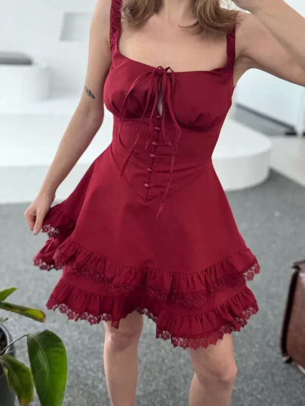 Mini Askılı Elbise - Bordo