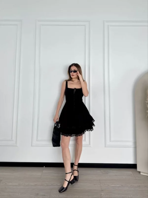 Mini Askılı Elbise - Siyah