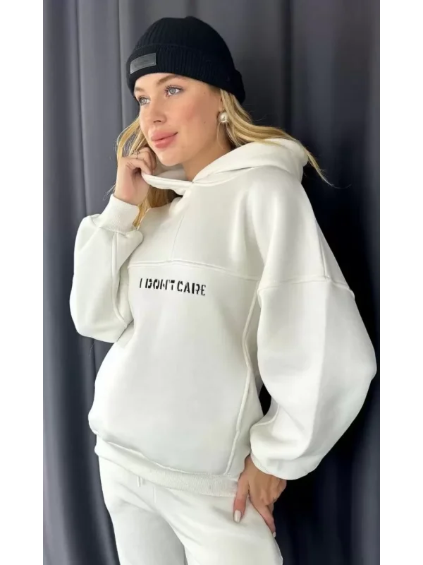 Nakış İşlemeli Üç İplik Sweat Takım- Beyaz