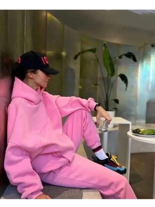 Nakış İşlemeli Üç İplik Sweat Takım- Pembe