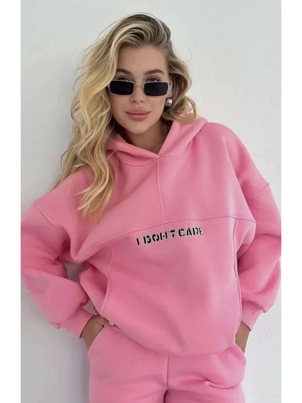 Nakış İşlemeli Üç İplik Sweat Takım- Pembe