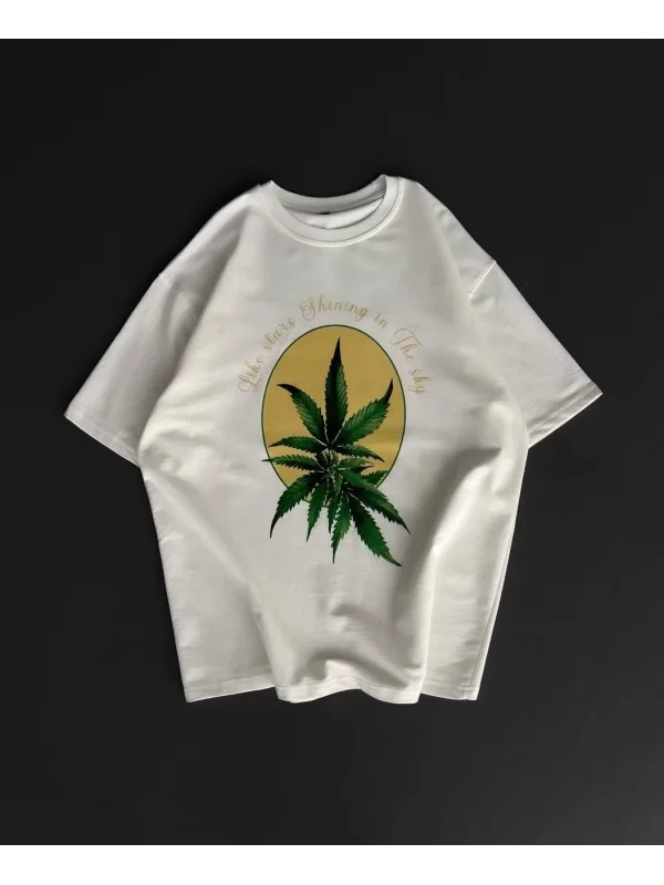 Ön ve Arka Baskılı Oversize Bisiklet Yaka T-shirt- Beyaz