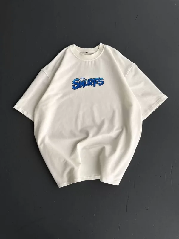 Ön ve Arka Baskılı Oversize Bisiklet Yaka T-shirt- Beyaz