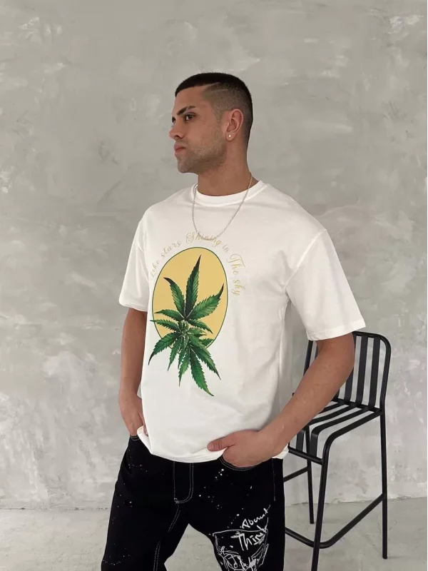 Ön ve Arka Baskılı Oversize Bisiklet Yaka T-shirt- Beyaz