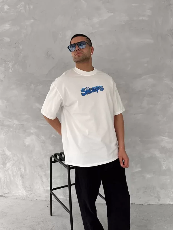 Ön ve Arka Baskılı Oversize Bisiklet Yaka T-shirt- Beyaz