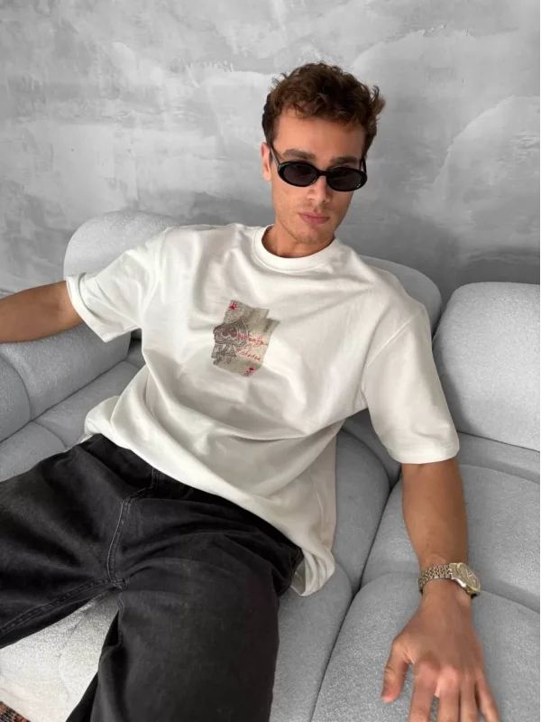 Ön ve Arka Baskılı Oversize Bisiklet Yaka T-shirt - Beyaz