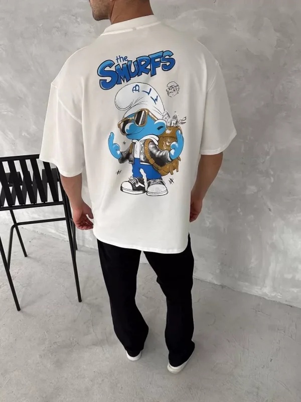 Ön ve Arka Baskılı Oversize Bisiklet Yaka T-shirt- Beyaz