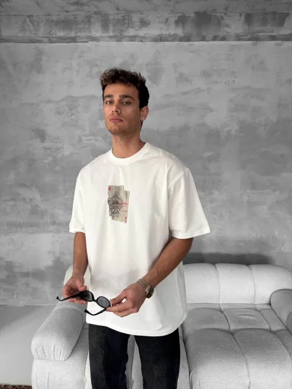 Ön ve Arka Baskılı Oversize Bisiklet Yaka T-shirt - Beyaz