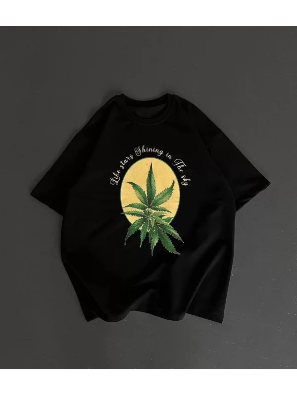 Ön ve Arka Baskılı Oversize Bisiklet Yaka T-shirt- Siyah