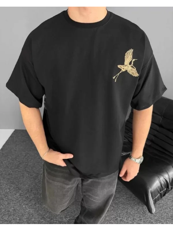 Ön ve Arka Baskılı Oversize Bisiklet Yaka T-shirt - Siyah