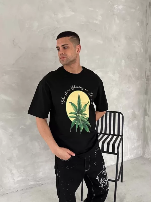 Ön ve Arka Baskılı Oversize Bisiklet Yaka T-shirt- Siyah