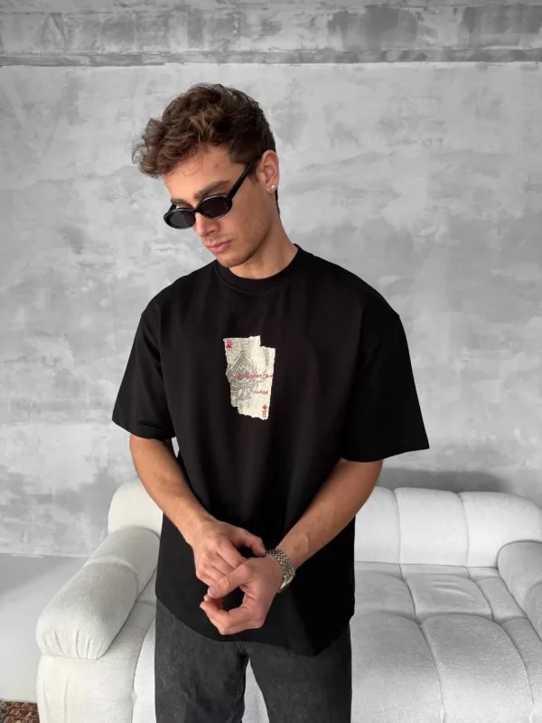 Ön ve Arka Baskılı Oversize Bisiklet Yaka T-shirt - Siyah