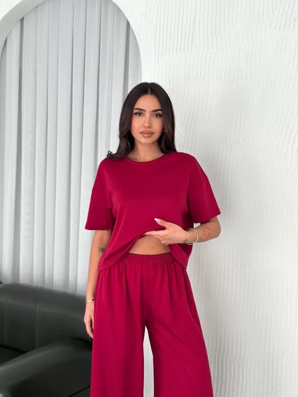 Osy Modal Yumuşak Dokulu Kumaş Bisiklet Yaka T-shirt Bol paça Pantalon ikili Takım -Bordo