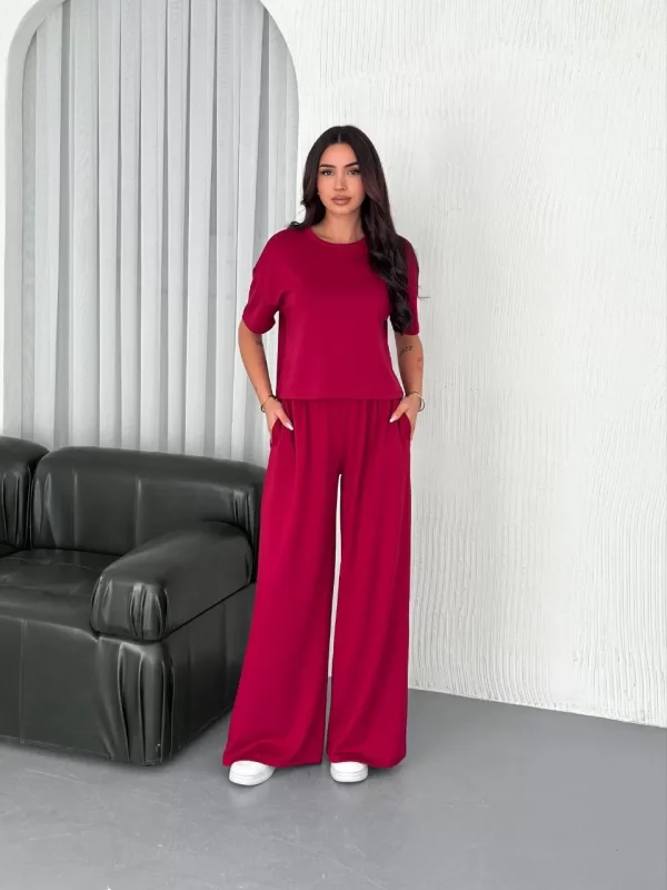 Osy Modal Yumuşak Dokulu Kumaş Bisiklet Yaka T-shirt Bol paça Pantalon ikili Takım -Bordo