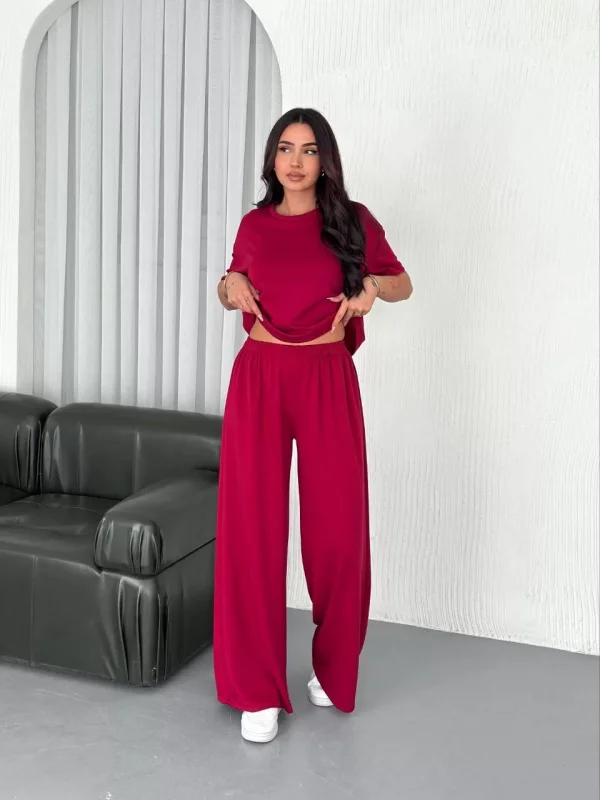 Osy Modal Yumuşak Dokulu Kumaş Bisiklet Yaka T-shirt Bol paça Pantalon ikili Takım -Bordo