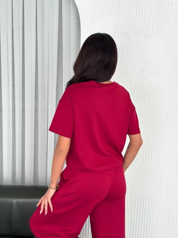 Osy Modal Yumuşak Dokulu Kumaş Bisiklet Yaka T-shirt Bol paça Pantalon ikili Takım -Bordo