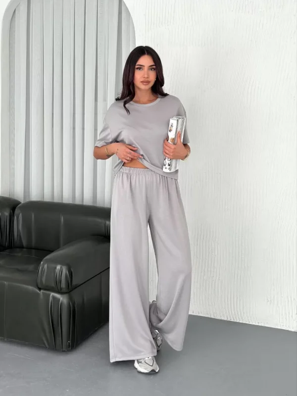 Osy Modal Yumuşak Dokulu Kumaş Bisiklet Yaka T-shirt Bol paça Pantalon ikili Takım - Boyalı Gri