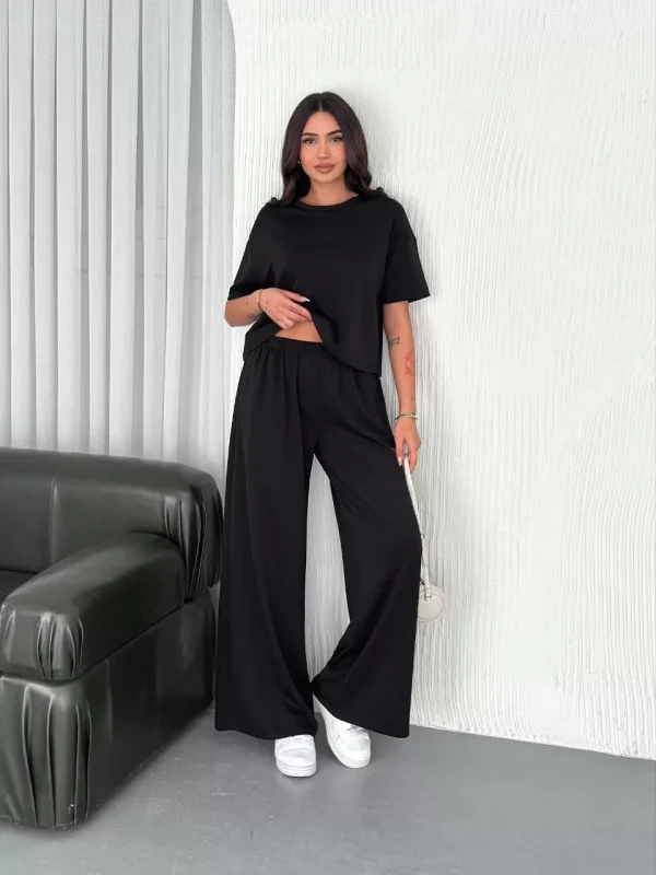 Osy Modal Yumuşak Dokulu Kumaş Bisiklet Yaka T-shirt Bol paça Pantalon ikili Takım -Siyah